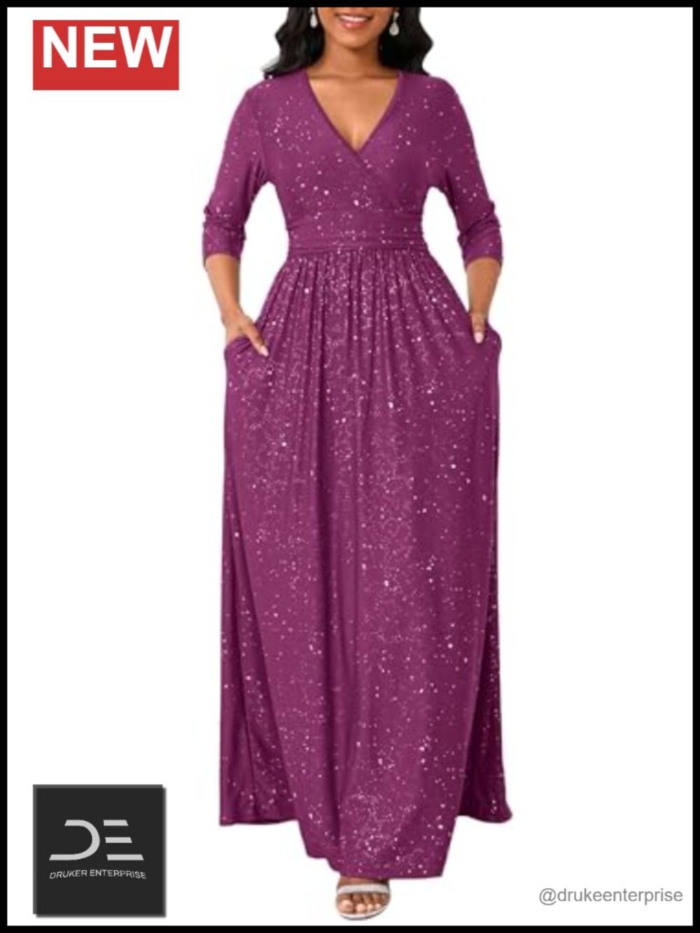 Glitter V-Neck A-Line Maxi Dress 3/4 Sleeve Smocked Waist Cocktail